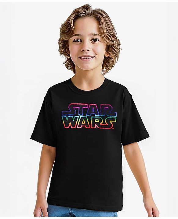 Pine Kids Lucas Single Jersey Knit Half Drop Shoulder Sleeves Oversized T-Shirt with Star Wars Holographic - Black