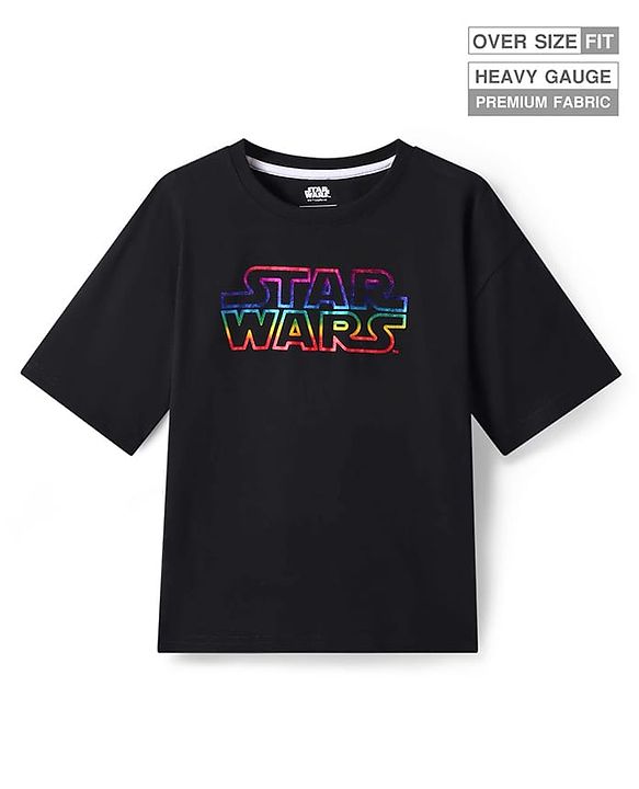 Pine Kids Lucas Single Jersey Knit Half Drop Shoulder Sleeves Oversized T-Shirt with Star Wars Holographic - Black