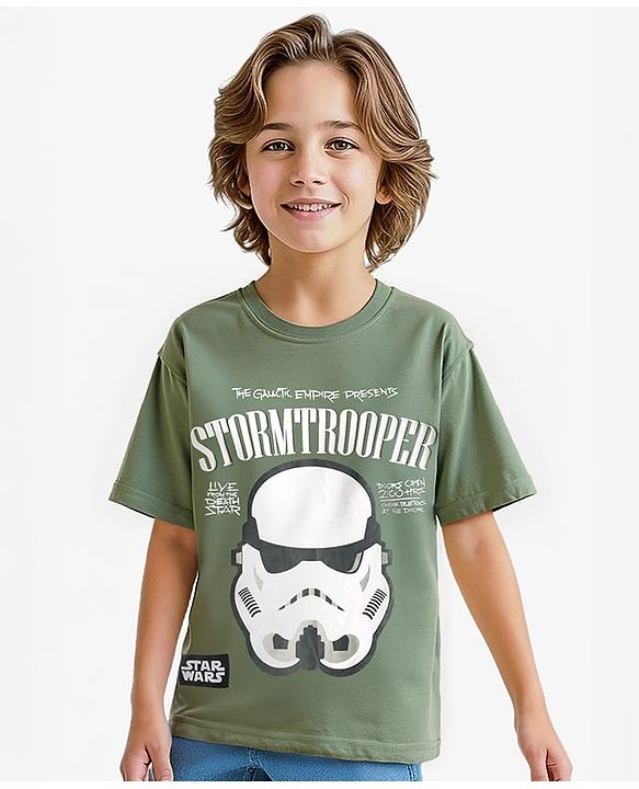 Pine Kids Lucas Single Jersey Knit Half Sleeves Drop Shoulder T-Shirt With Storm Trooper Graphic - Olive Green