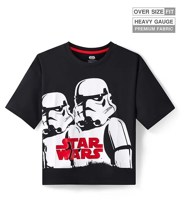 Pine Kids Lucas Single Jersey Knit Half Sleeves Oversized Drop Shoulder T-Shirt With Storm Trooper Graphic & Gel Print Detailing - Black