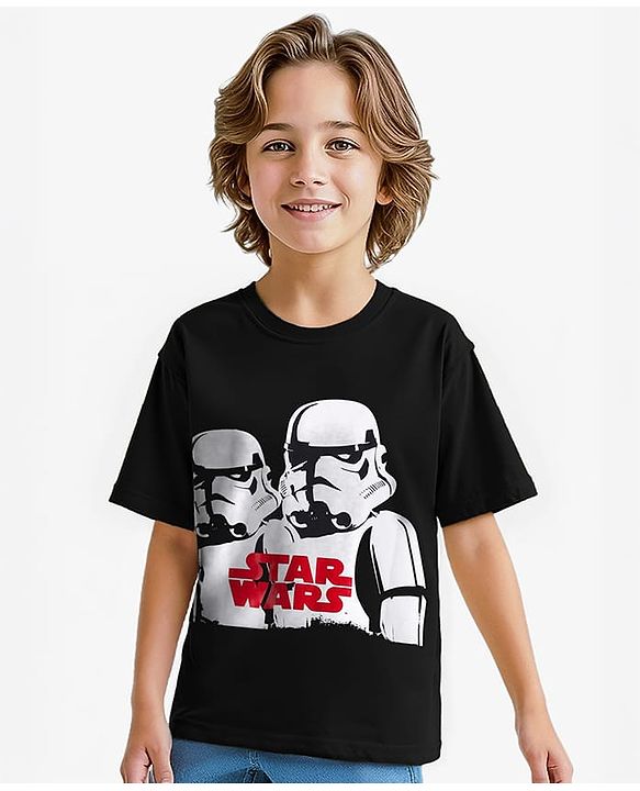 Pine Kids Lucas Single Jersey Knit Half Sleeves Oversized Drop Shoulder T-Shirt With Storm Trooper Graphic & Gel Print Detailing - Black