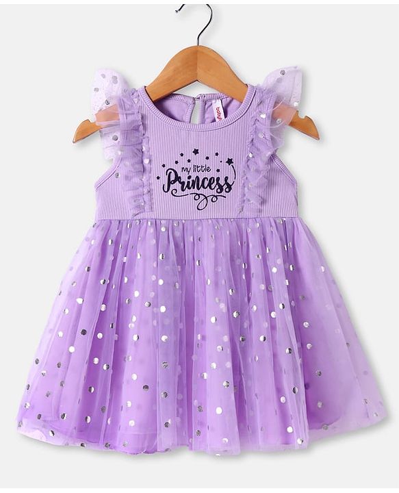 Babyhug Knit Frill Sleeves Party Dress With Foil & Text Print - Lilac