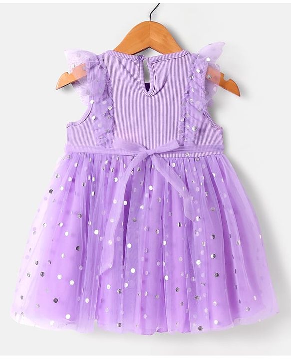 Babyhug Knit Frill Sleeves Party Dress With Foil & Text Print - Lilac