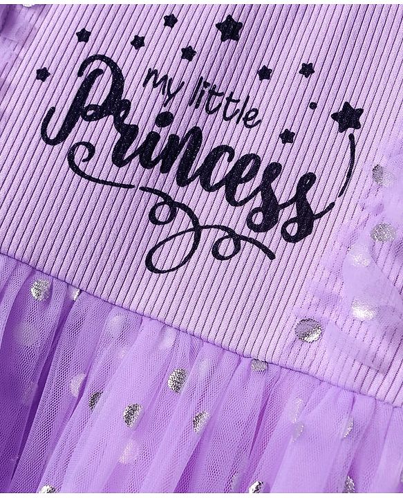 Babyhug Knit Frill Sleeves Party Dress With Foil & Text Print - Lilac