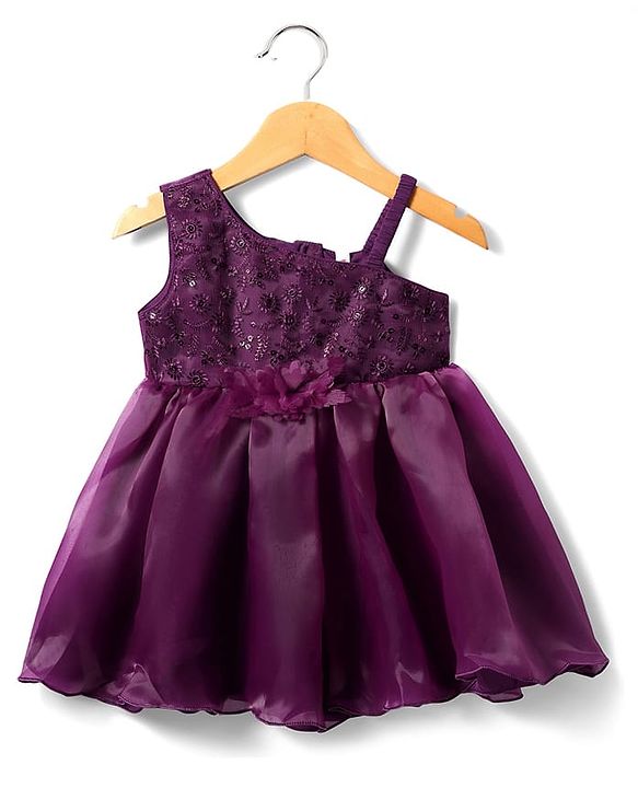 Babyhug Woven Sleeveless One Shoulder Party Dress With Sequin & Floral Embroidery & Applique - Wine