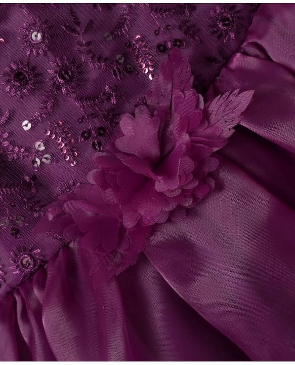 Babyhug Woven Sleeveless One Shoulder Party Dress With Sequin & Floral Embroidery & Applique - Wine