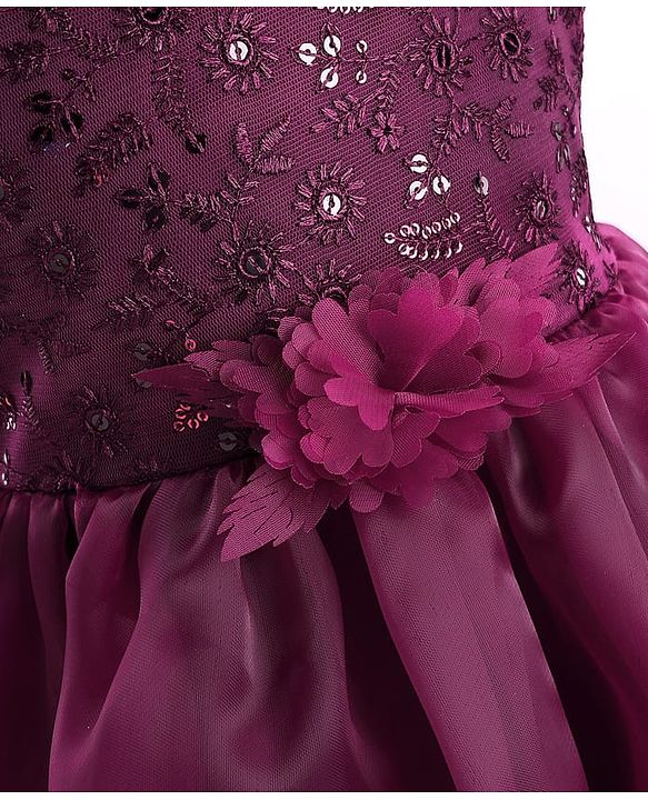 Babyhug Woven Sleeveless One Shoulder Party Dress With Sequin & Floral Embroidery & Applique - Wine