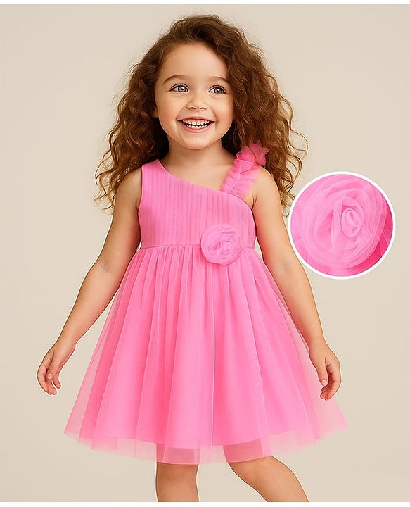 Babyhug Woven Sleeveless Fit & Flare Mesh Party Dress with Floral Corsage - Pink