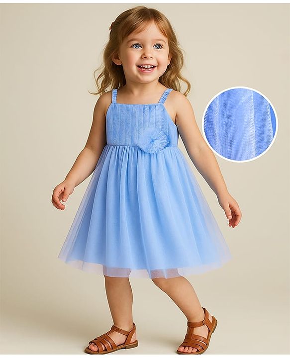 Babyhug Woven Sleeveless Fit & Flare Mesh Party Dress with Floral Corsage - Light Blue