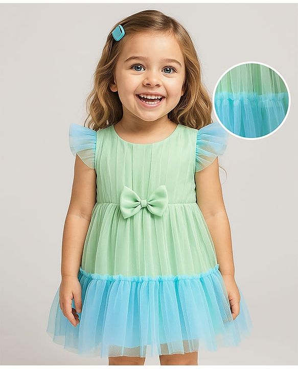 Babyhug Woven Frill Sleeves Solid Mesh Party Dress With Bow Applique - Light Blue