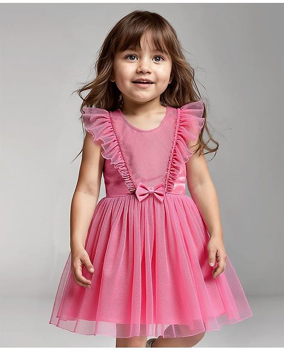 Babyhug Woven Frill Sleeves Fit & Flare Mesh Party Dress with Bow Applique - Pink