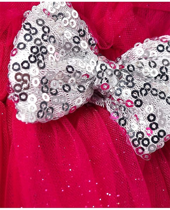 Babyhug Woven Frill Sleeves A line Mesh Party Dress with Bow Applique & Sequin Detailing - Red