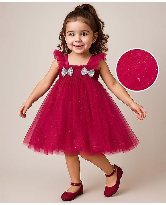 Babyhug Woven Frill Sleeves A line Mesh Party Dress with Bow Applique & Sequin Detailing - Red