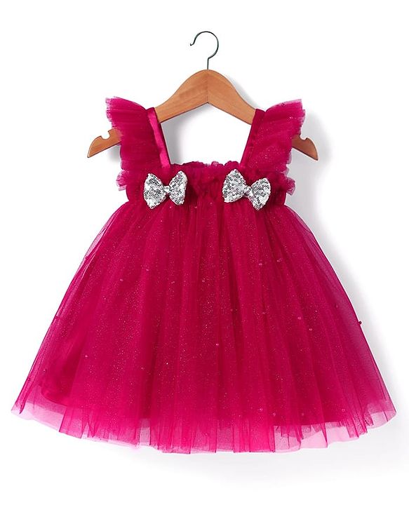 Babyhug Woven Frill Sleeves A line Mesh Party Dress with Bow Applique & Sequin Detailing - Red