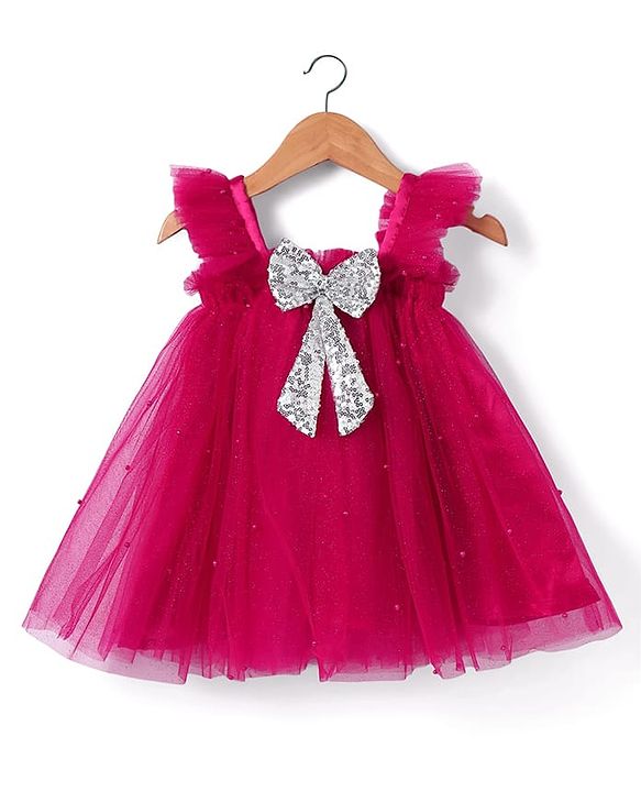 Babyhug Woven Frill Sleeves A line Mesh Party Dress with Bow Applique & Sequin Detailing - Red