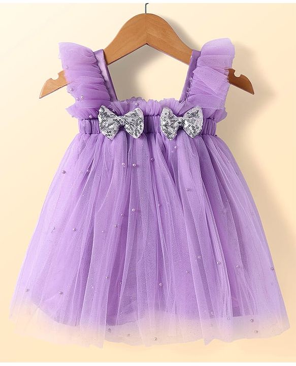 Babyhug Sleeveless Pearls & Bow Detailing A-Line Mesh Party Dress - Lilac