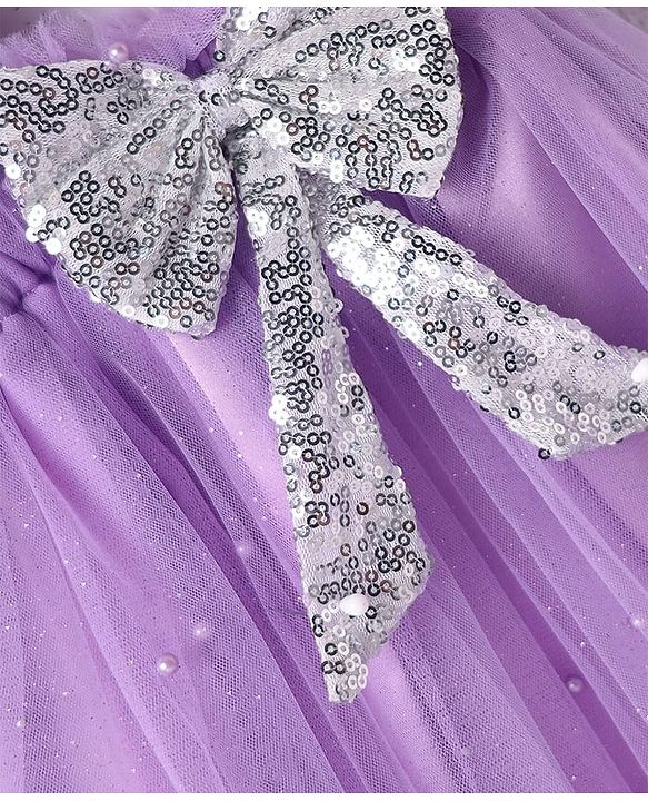 Babyhug Sleeveless Pearls & Bow Detailing A-Line Mesh Party Dress - Lilac