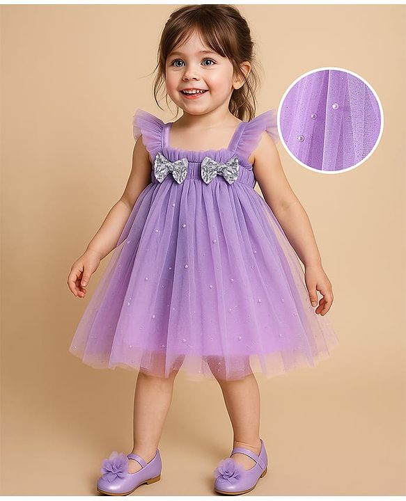 Babyhug Sleeveless Pearls & Bow Detailing A-Line Mesh Party Dress - Lilac