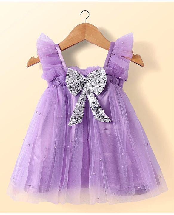 Babyhug Sleeveless Pearls & Bow Detailing A-Line Mesh Party Dress - Lilac