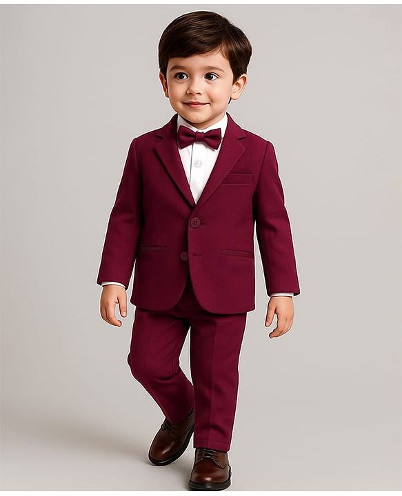 Babyhug Woven Full Sleeves Solid 3 Piece Party Suit With Bow - Maroon