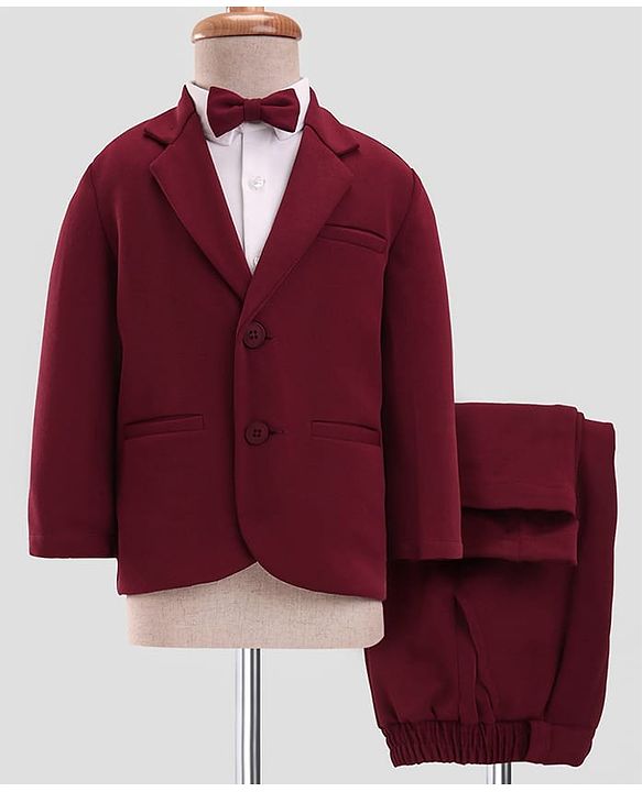 Babyhug Woven Full Sleeves Solid 3 Piece Party Suit With Bow - Maroon