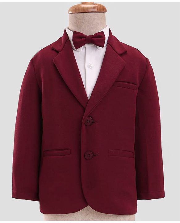 Babyhug Woven Full Sleeves Solid 3 Piece Party Suit With Bow - Maroon