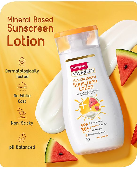 Babyhug Advanced Mineral Based Sunscreen Lotion with SPF 30 +, PA+++, Broad Spectrum (UVA/UVB) Protection & No White Cast - 200ml