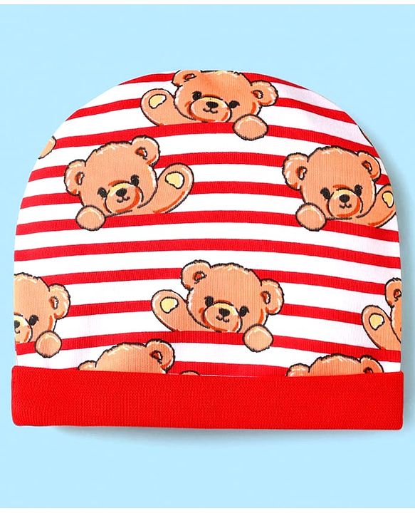 Babyhug 100% Cotton Interlock Knit Cap Mittens & Booties Set With Stripes & Animal Print Red - Diameter 14 cm