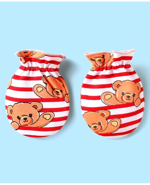 Babyhug 100% Cotton Interlock Knit Cap Mittens & Booties Set With Stripes & Animal Print Red - Diameter 14 cm