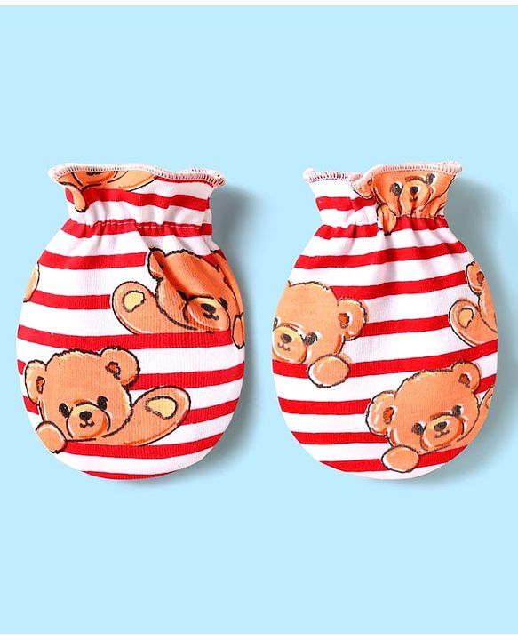 Babyhug 100% Cotton Interlock Knit Cap Mittens & Booties Set With Stripes & Animal Print Red - Diameter 14 cm