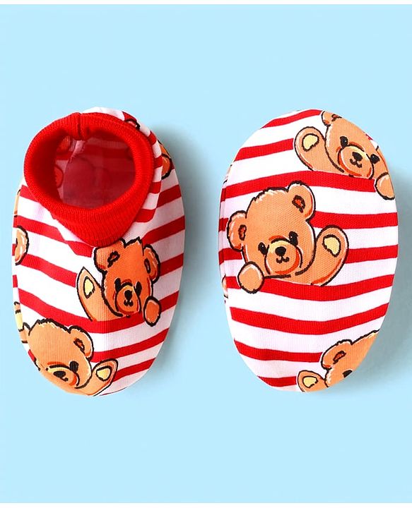 Babyhug 100% Cotton Interlock Knit Cap Mittens & Booties Set With Stripes & Animal Print Red - Diameter 14 cm
