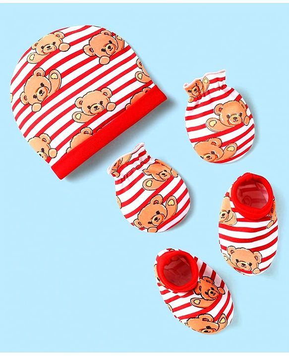 Babyhug 100% Cotton Interlock Knit Cap Mittens & Booties Set With Stripes & Animal Print Red - Diameter 14 cm