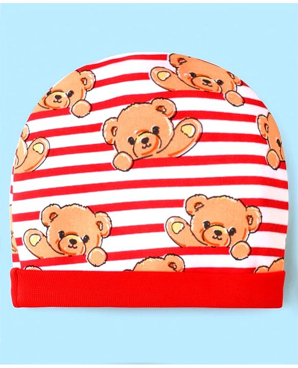 Babyhug 100% Cotton Interlock Knit Cap Mittens & Booties Set With Stripes & Animal Print Red - Diameter 14 cm