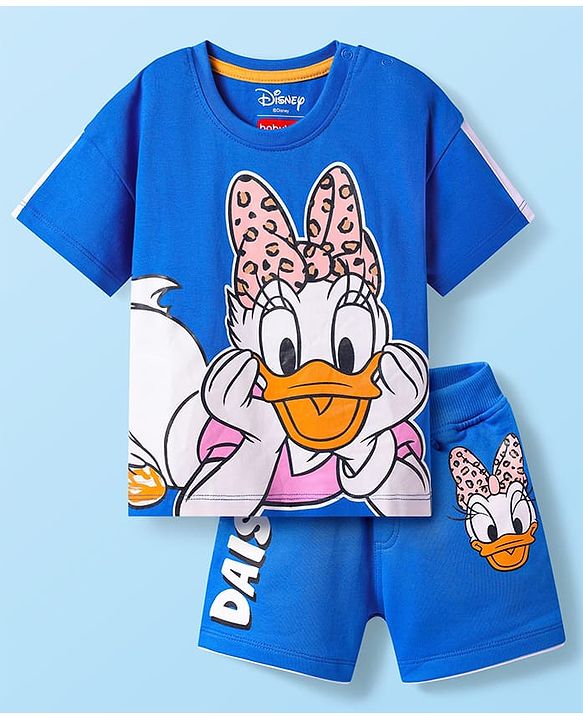 Babyhug Disney Single Jersey Half Sleeves Oversize Drop Shoulder T-Shirt & Shorts Set With Daisy Duck Graphics - Blue