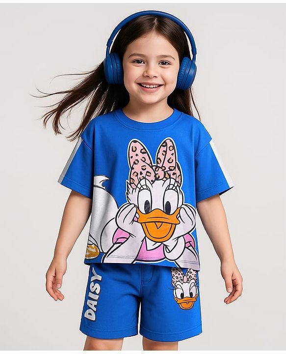 Babyhug Disney Single Jersey Half Sleeves Oversize Drop Shoulder T-Shirt & Shorts Set With Daisy Duck Graphics - Blue