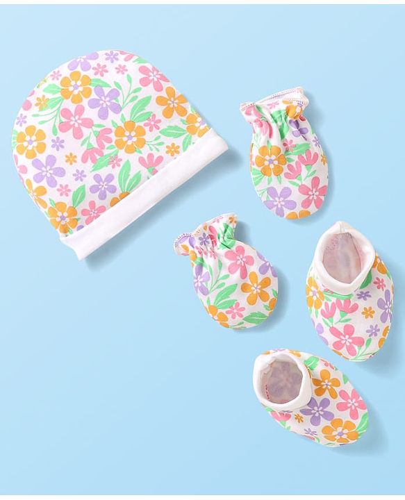 Babyhug 100% Cotton Knit Cap Mittens & Booties With Floral Print  White - Diameter 10cm