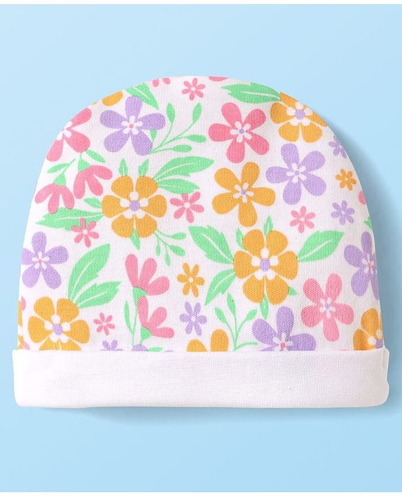 Babyhug 100% Cotton Knit Cap Mittens & Booties With Floral Print  White - Diameter 10cm