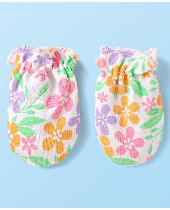 Babyhug 100% Cotton Knit Cap Mittens & Booties With Floral Print  White - Diameter 10cm