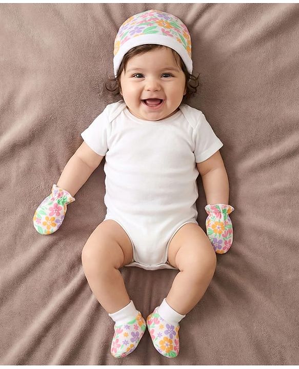 Babyhug 100% Cotton Knit Cap Mittens & Booties With Floral Print  White - Diameter 10cm