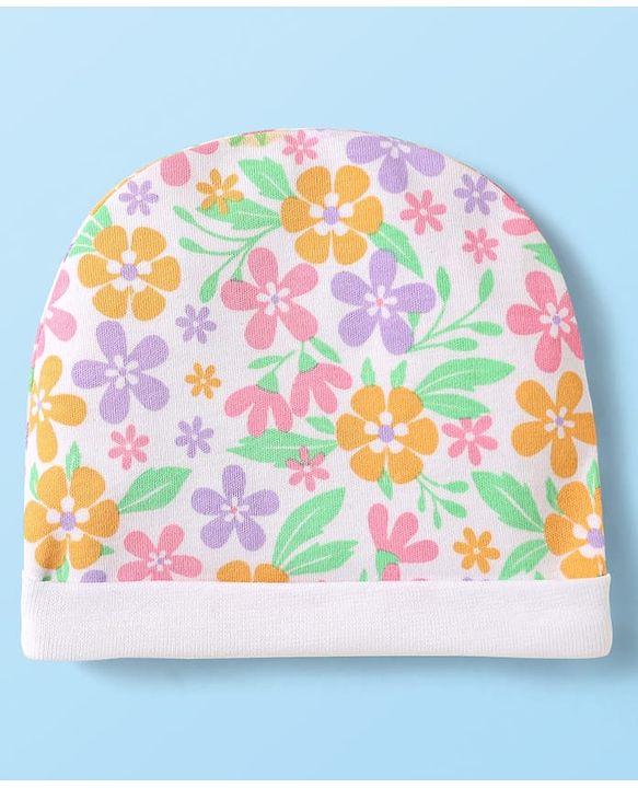 Babyhug 100% Cotton Knit Cap Mittens & Booties With Floral Print  White - Diameter 10cm