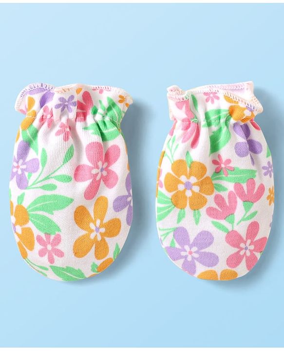 Babyhug 100% Cotton Knit Cap Mittens & Booties With Floral Print  White - Diameter 10cm
