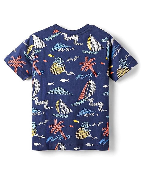 Babyhug Cotton Knit Half Sleeves T-Shirt with Nautical Theme Print - Navy Blue