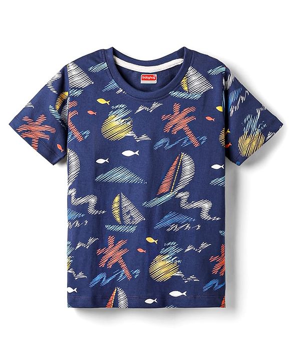 Babyhug Cotton Knit Half Sleeves T-Shirt with Nautical Theme Print - Navy Blue