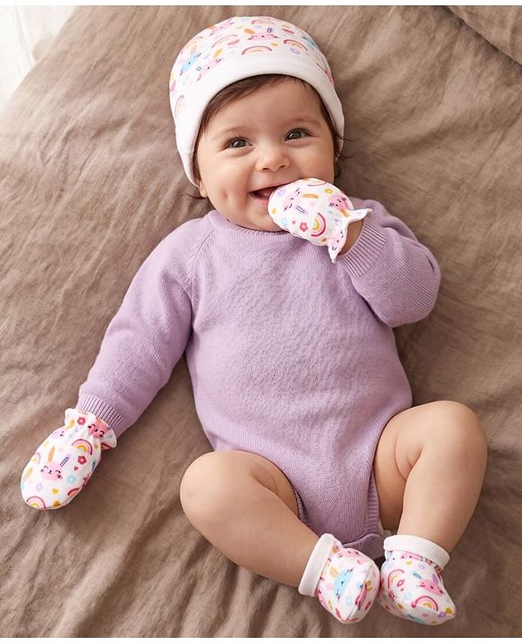 Babyhug 100% Cotton Knit Cap Mittens & Booties With Animal & Floral Print White - Diameter 10cm