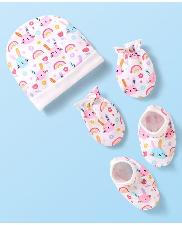 Babyhug 100% Cotton Knit Cap Mittens & Booties With Animal & Floral Print White - Diameter 10cm