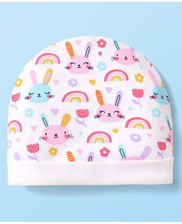 Babyhug 100% Cotton Knit Cap Mittens & Booties With Animal & Floral Print White - Diameter 10cm