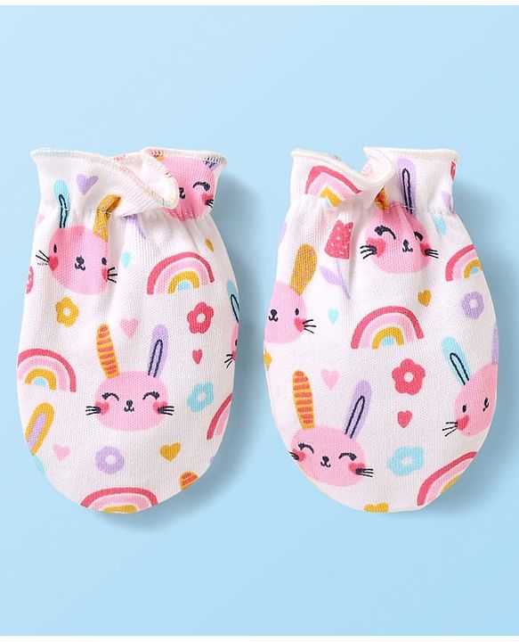 Babyhug 100% Cotton Knit Cap Mittens & Booties With Animal & Floral Print White - Diameter 10cm