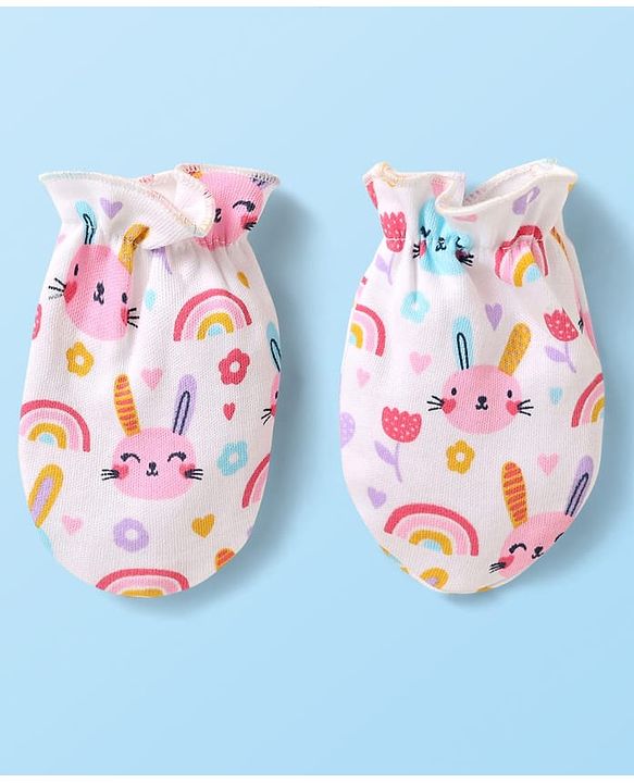 Babyhug 100% Cotton Knit Cap Mittens & Booties With Animal & Floral Print White - Diameter 10cm