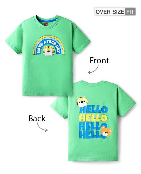 Babyhug Cotton Knit Half Sleeves Oversized Drop Shoulder T-Shirt With Front & Back Have A Nice Day Text Print - Light Green
