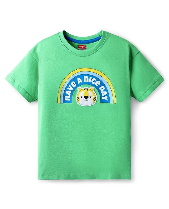 Babyhug Cotton Knit Half Sleeves Oversized Drop Shoulder T-Shirt With Front & Back Have A Nice Day Text Print - Light Green